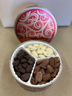 Small Assorted Holiday Pecan Tin - White-, Milk-, and Dark-Chocolate